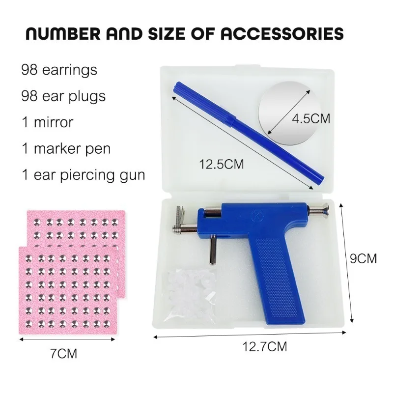 Sterile Ear Piercing Tool Set 98pcs Earplugs Earrings Earlobe Piercer Gun Nose Punching Machine Lips Tongue Perforation Artifact