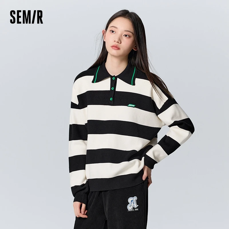 Semir Sweater Women Polo Collar Sweater Loose Trendy Winter Casual Black and White Striped Cool Fashionable Bottoming Shirt