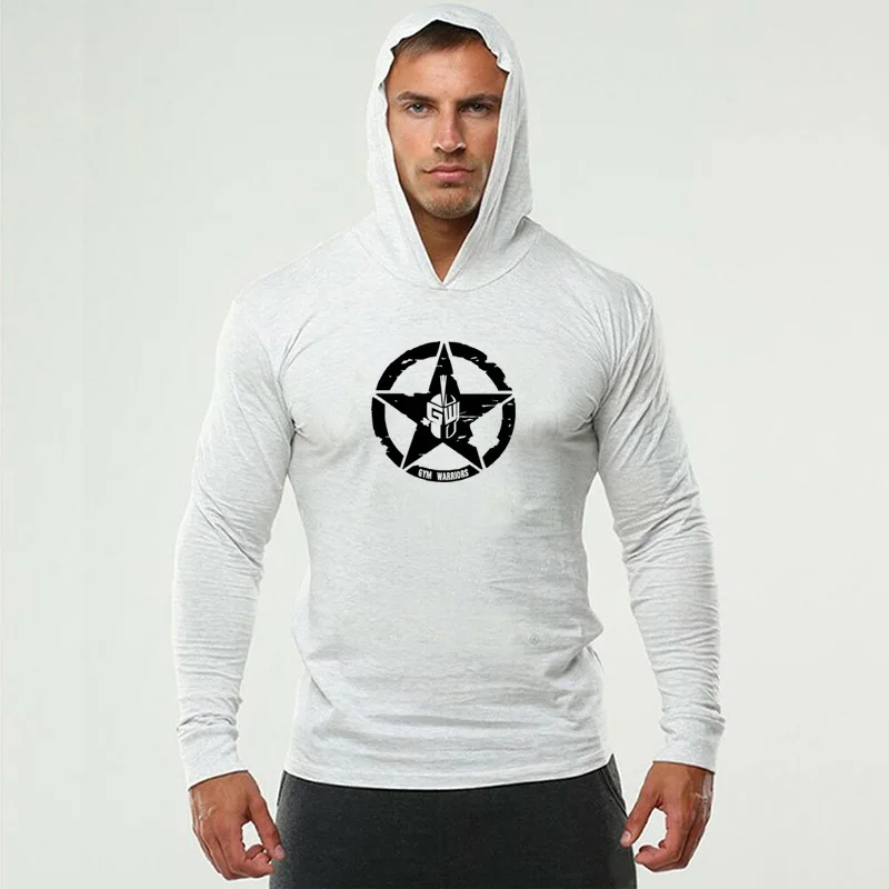 Men\'s Fashion Sportswear Fitness Hooded T-Shirt Mens Long Sleeve Bodybuilding Tee Shirt Man Gym Jogger Sweatshirt Workout Tshirt