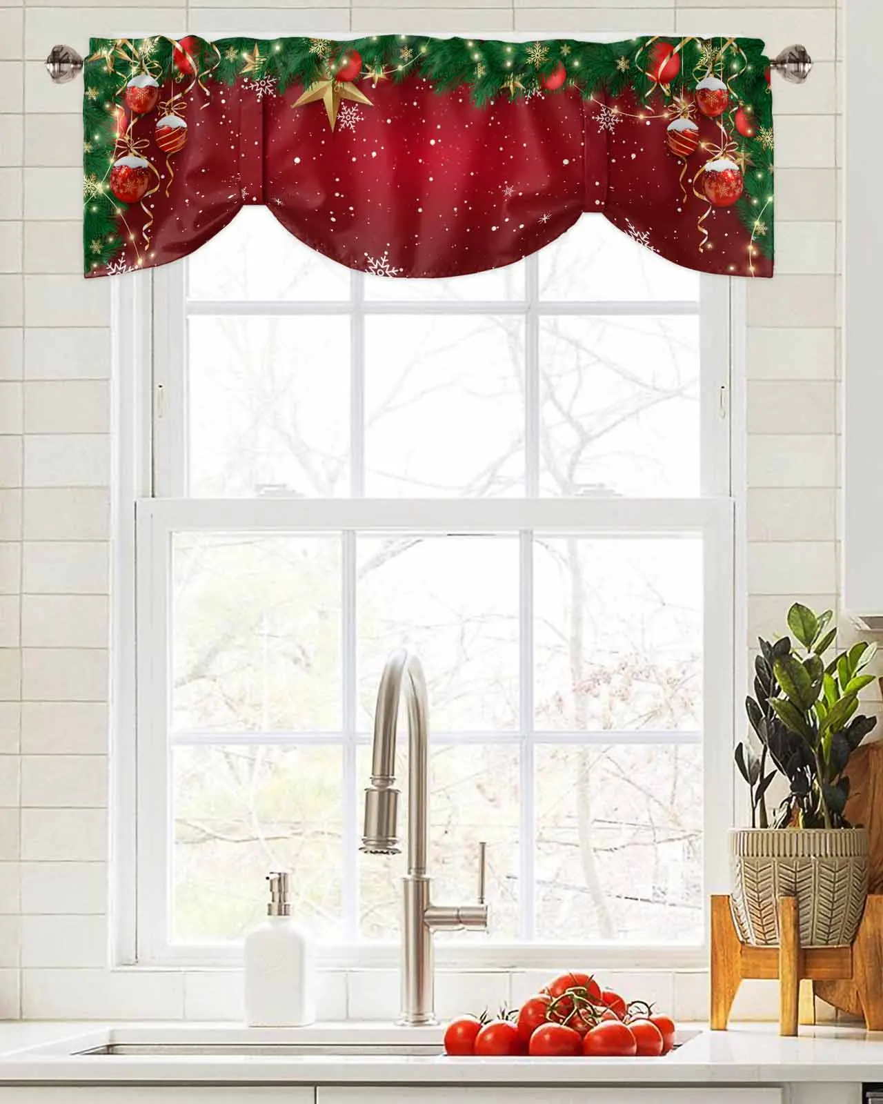 Christmas Light Balls Pine Branches Snowflakes Window Curtain Living Room Kitchen Cabinet Tie-up Valance Curtain Rod Pocket