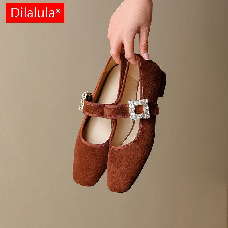 

Dilalula 2026 Spring Kid Suede Women Mary Janes Shoes Square Toe Buckle Up Crystal Dec Pumps Lady Low Heels Leisure Shoes Dress