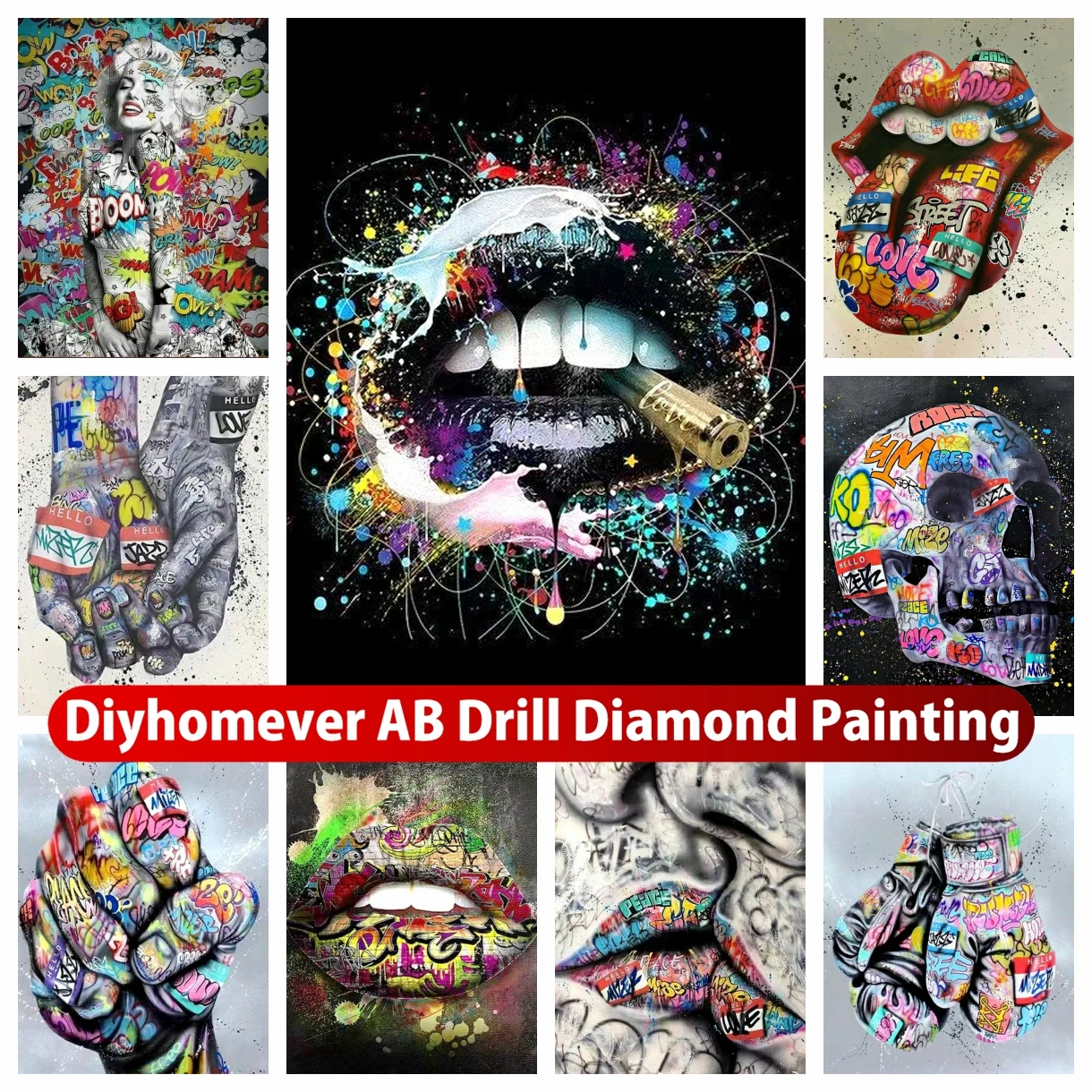 Colorful Graffiti 5D DIY AB Diamond Painting Embroidery Cartoon Skull Lip Cross Stitch Mosaic Picture Handicraft Home Decor Gift