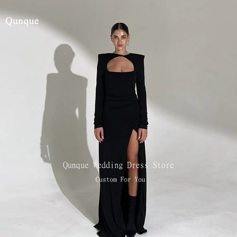 

Qunque Modest Black Evening Dresses High Slit Mermaid Robe De Soirée Femme Sexy Opne Back Long Sleeves Party Dresses Customized