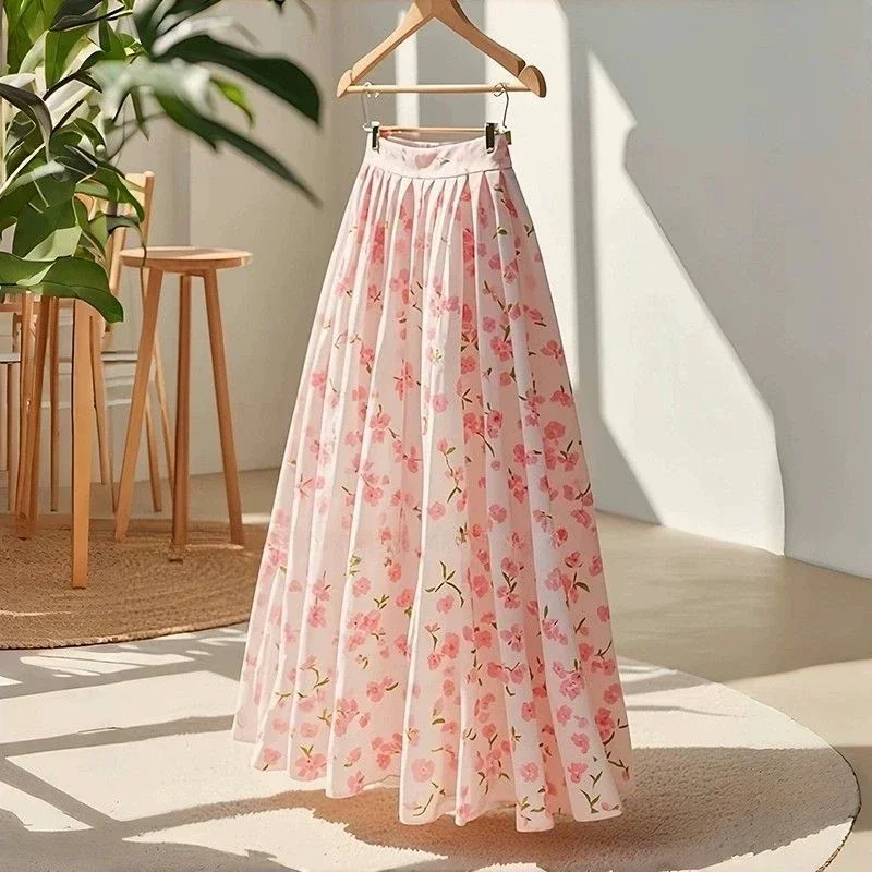 

Новинка 2023 года, летняя юбка трапециевидной формы с высокой талией и цветочным принтом во французском стиле, женская модная розовая шифоновая утягивающая юбка средней длины для ранней леди