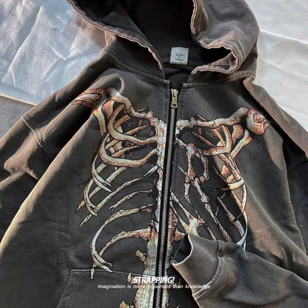 American Vintage Hip Hop Skeleton Printed Hottie Streetwear Women Zip Up Hoodie Autumn Winter New Thickened Oversize Hoodies