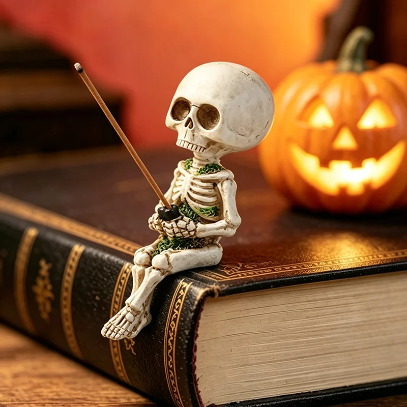 2026 New Gothic Resin Skeleton Incense Holder Edge‑Sitter Figurine Moss Detail Desktop Ornament Halloween Table Home Decor Gift