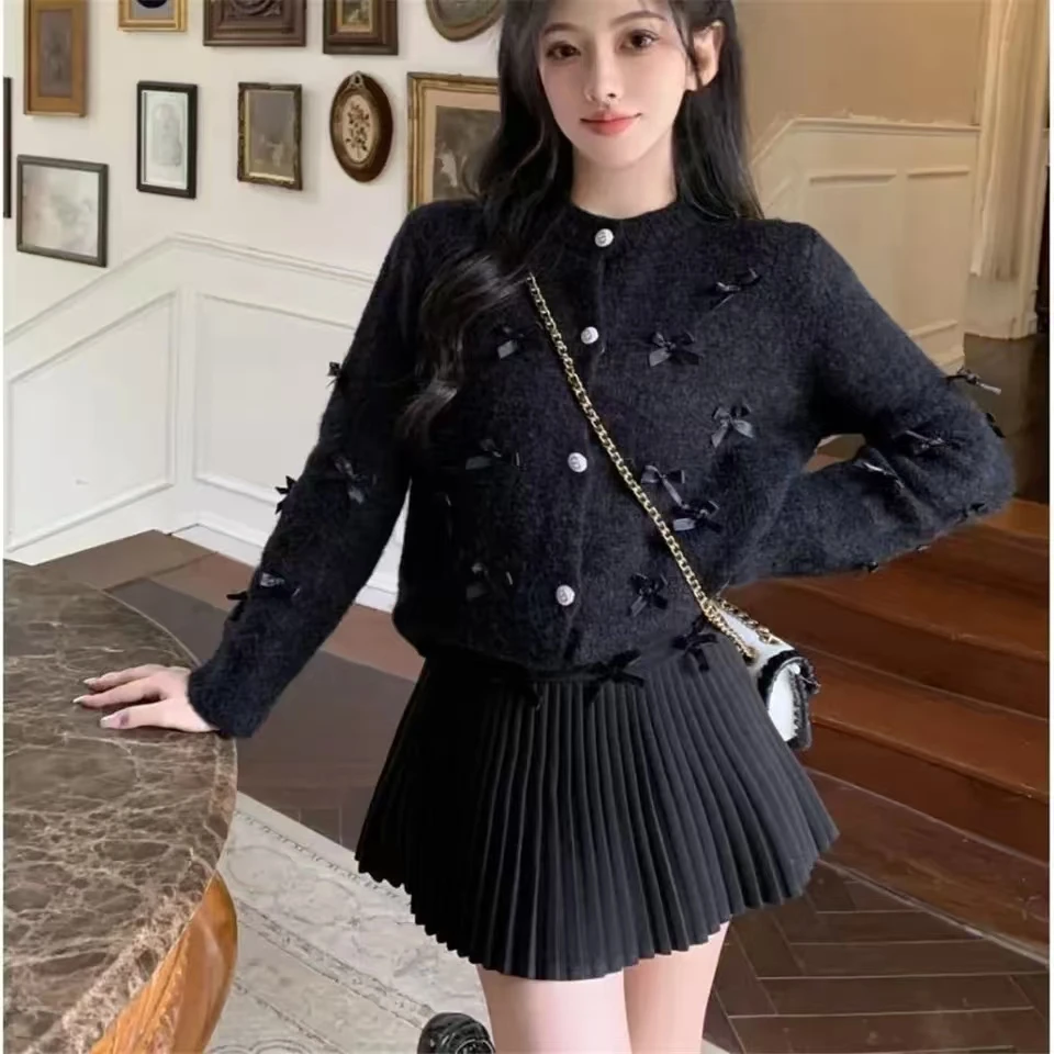 High-end Bow Knitted Cardigan Grey Black Red Pink Jumper Autumn/Winter Coat Women Clothing Trend Soft Sweaters Tops Short Jacket