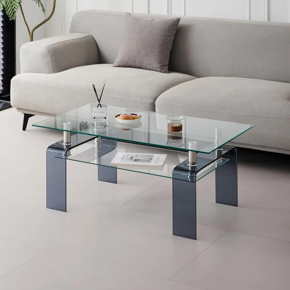Rectangular Glass Coffee Table with Tempered Glass Top and MDF Layer for Living Room and Office Use