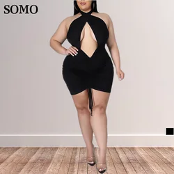 Robe de soirée vintage dos nu pour femmes, grande taille, mince, col suspendu, évidée, sexy, mini plissée, été, vente en gros, 2022