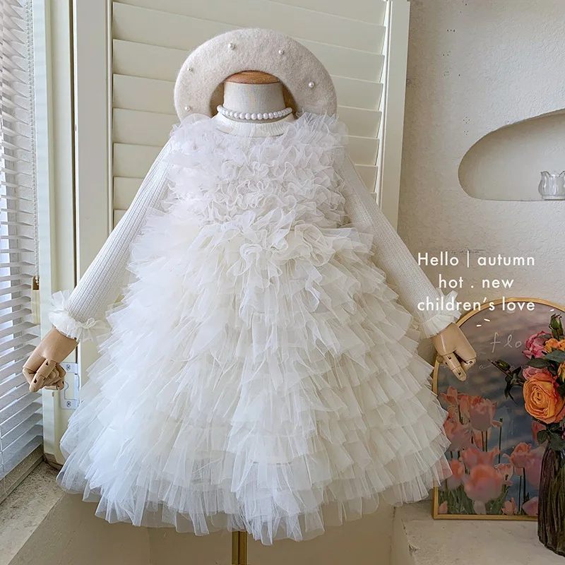 

2025Girls' Autumn and Winter New Sleeveless Base Shirt with Tail Puffy Cake Princess Dress