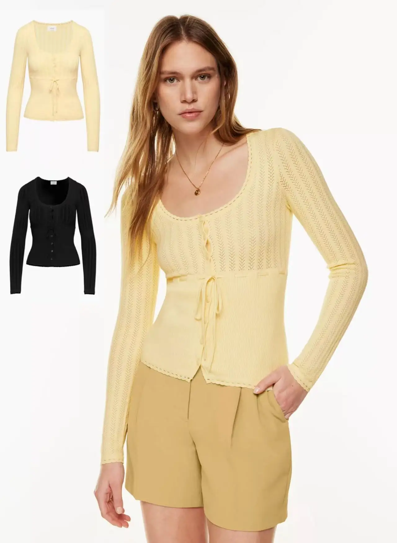 

Ажурный французский кардиган Aritzia Wilfred с U-образным вырезом и завязкой на талии для женщин