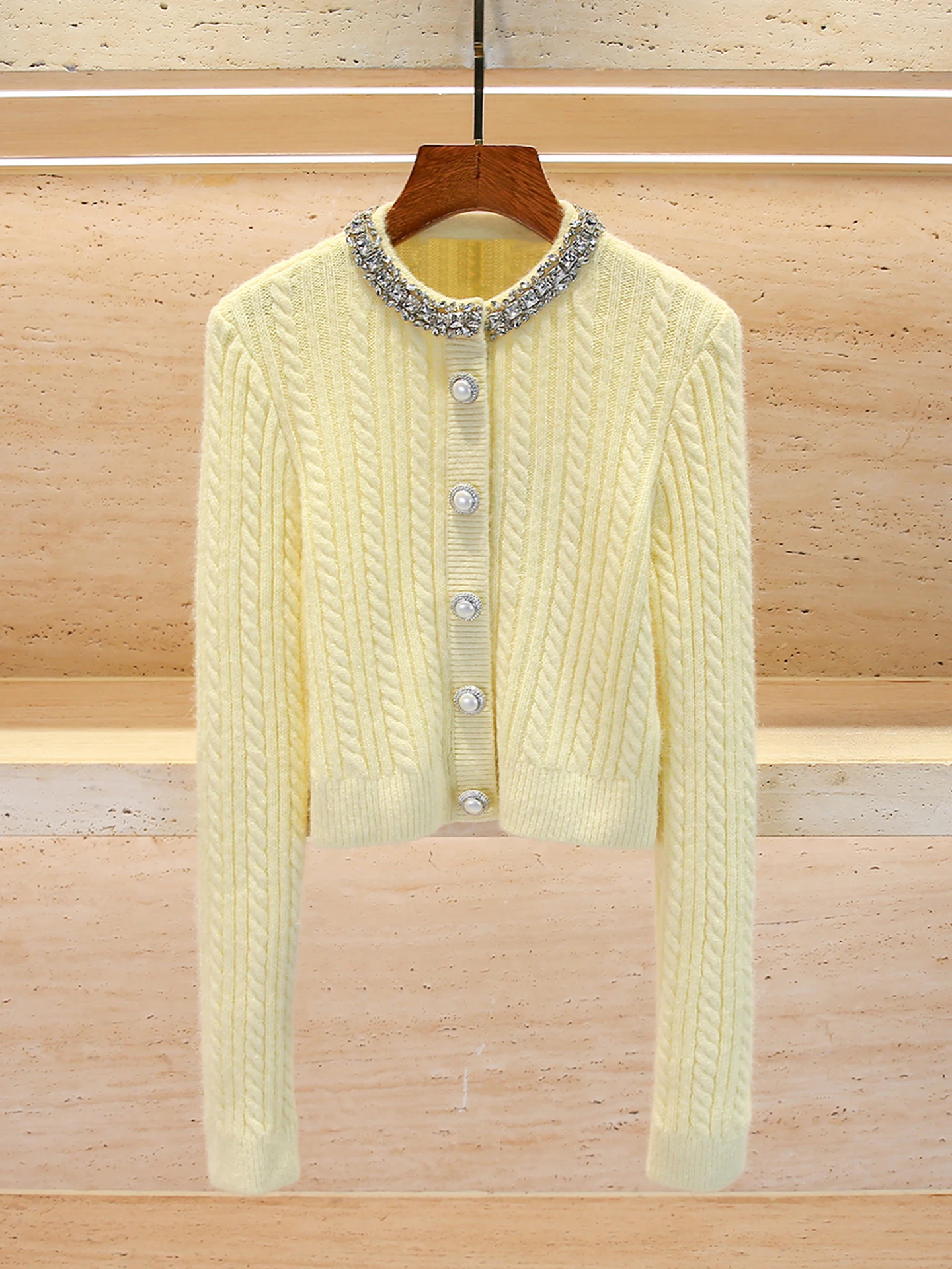 Cardigan aberto de malha diamante embelezado feminino de luxo topo ele commute sle ort comprimento cor pura uso diário