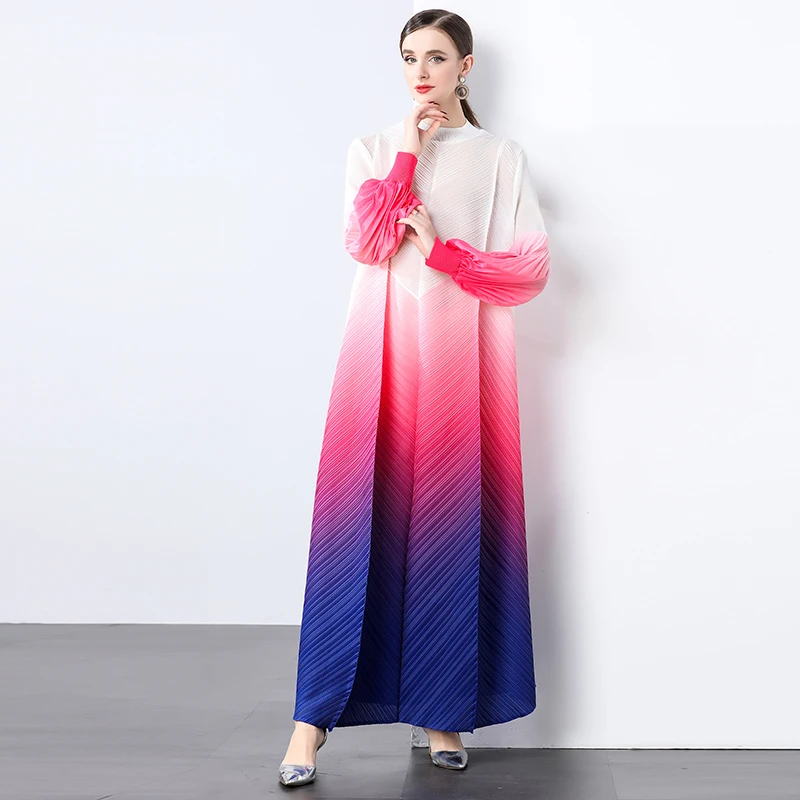 

Miyake Pleated Gradient Print Maxi Dresses for Women Autumn Stand Long Lantern Sleeve High Stretchy Office Lady Classic Dress