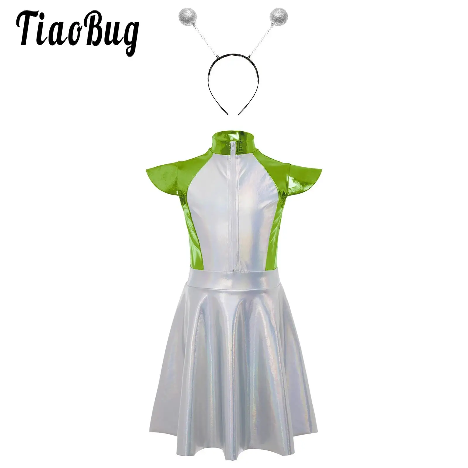 Kids Girls Outer Space Alien Robot Costumes Carnival Movie Party Metallic Tunic Dress Cutie Costume with Hair Hoop for Halloween