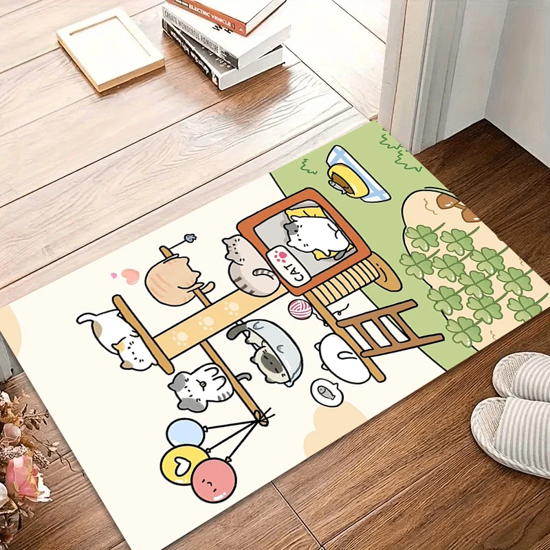 Home Carpet Cute Cat Playground Entry Door Mat Non-Slip Washable Rugs for Bedroom Cream & Green Cat Design Playful Entryways Rug