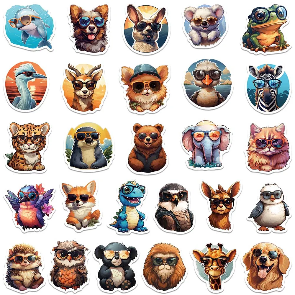 55pcs Cute Kids Decals Cartoon Animals Wearing Glasses Stickers For Laptop Water Bottle Luggage Diary Vinyl Waterproof Graffiti