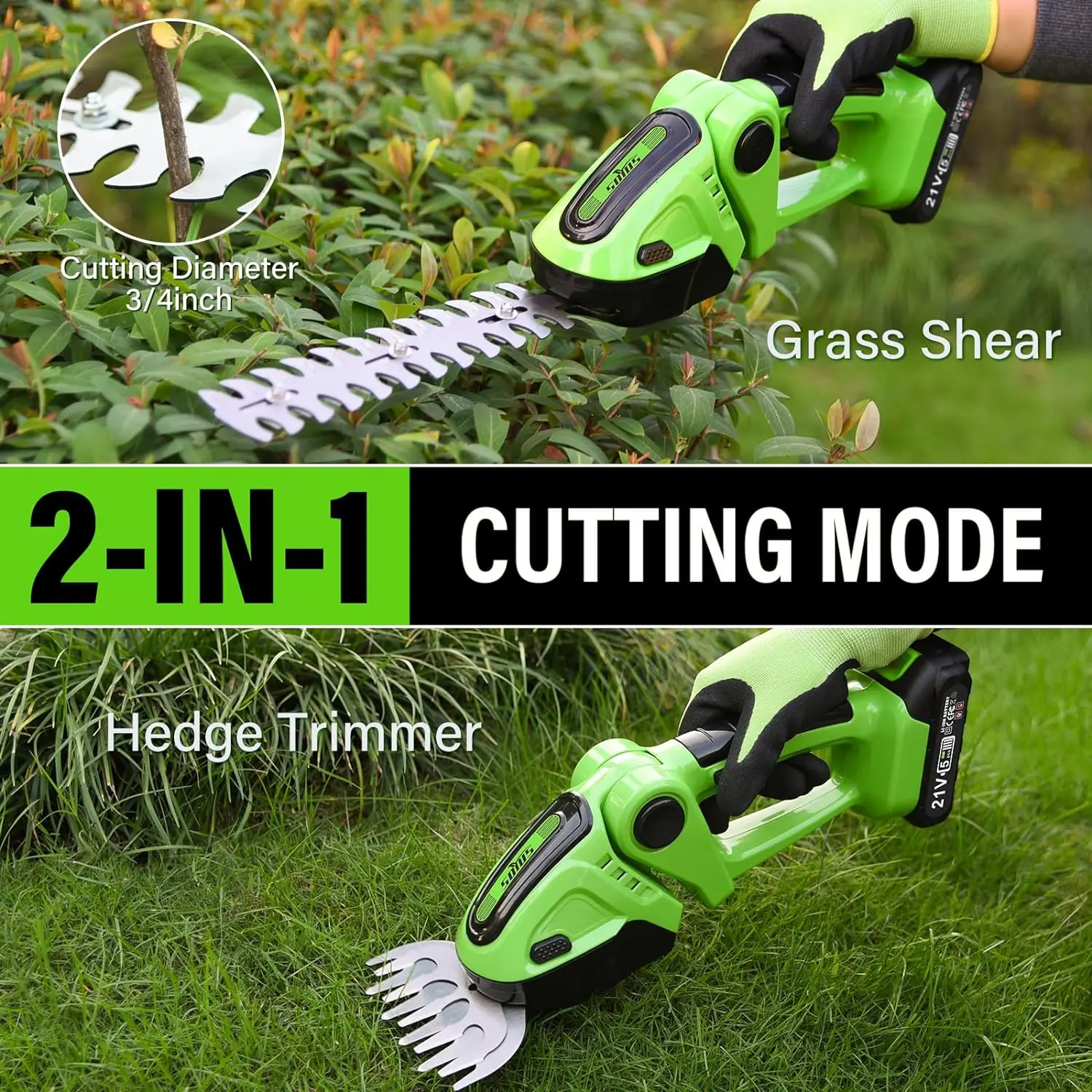  Cordless Grass Shear, 2-in-1 Handheld Hedge Trimmer, 21V Electric Grass Trimmer &Shrubbery Trimmer, Battery Operated Hedge