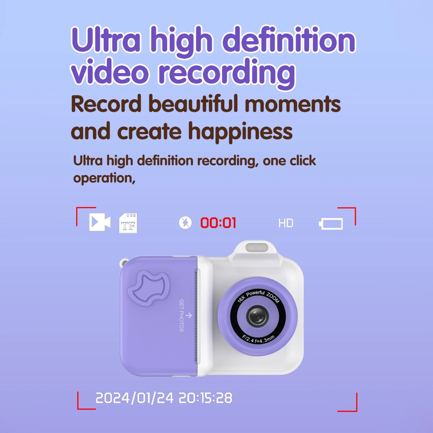 Caméra vidéo à impression instantanée pour enfants, papier thermique, appareil photo numérique avec autocollant, stylo à documents, carte TF 32G, jouets pour enfants