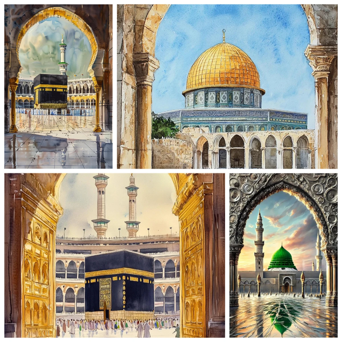 1 pieza de pintura digital sin marco de la Mezquita de Al-Aqsa y la Kaaba, decoración islámica para el hogar, regalos, tetralogía de pintura digital