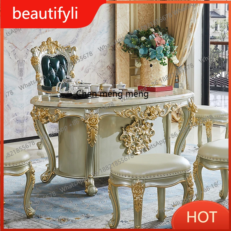 

A139 European style solid wood carved marble tea table office tea table kung fu table for home use