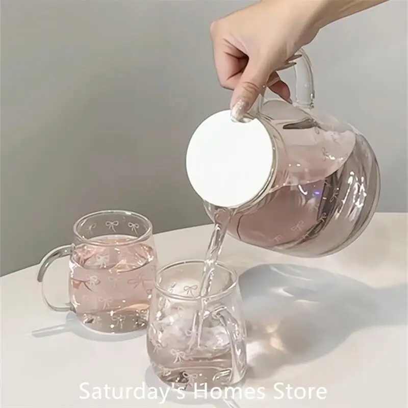 Bow  Patter  Water Glass Bottle Teapot Glass Cup with Bow Handle  Heat Resistant Glass Lover Tea Sets Kettle Water Cup Bottle