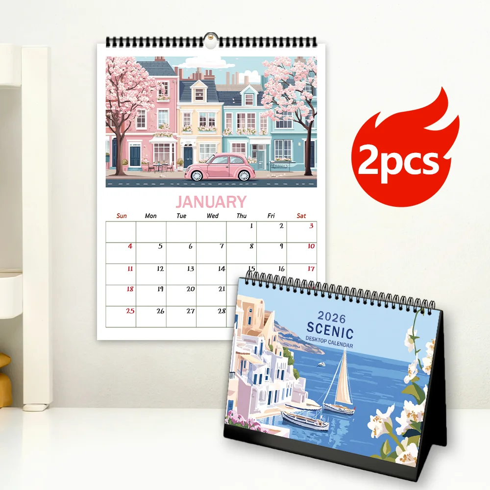 2 Stück/1 Satz 2026 handgezeichneter Reisetagebuch-Themen-Schreibtischkalender und Wandkalender, 12 einzigartige Designs, Geburtstag, Weihnachten, Neujahr, Geschenk
