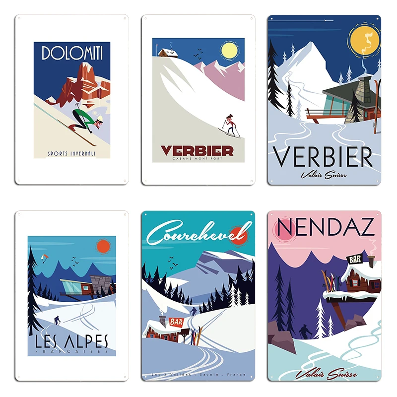 Verbier Mont Fort Poster Metal Sign Club Party Party Wall Decor Vintage Dolomiti Ski Nendaz Tin Sign Poster