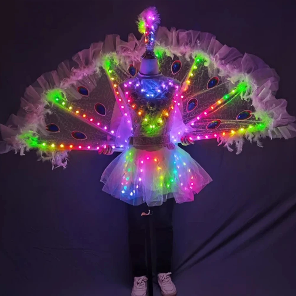 Women Girls Full Color LED Peacock Wings LED Dance Party Stage Performance Ballet Skirt for Nightclub Catwalk Model or Wedding