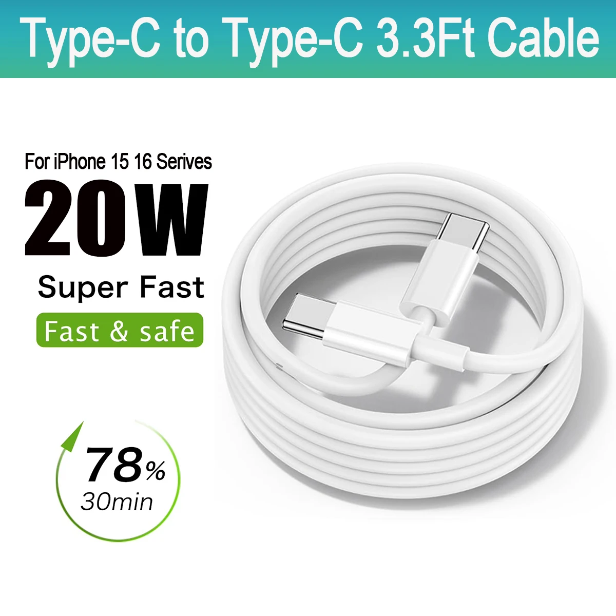 

Кабель для быстрой зарядки USB C к Type-C, 20 Вт для iPhone 16 15 Pro Max Plus, iPad Samsung S24 S23 Ultra Xiaomi Huawei Data Wire