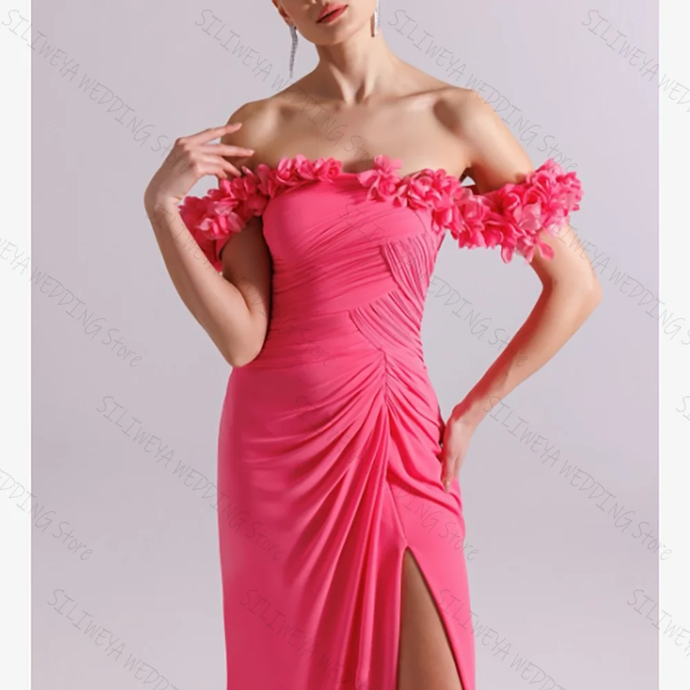 

Pink Off The Shoulder High Slit Chic Prom Dresses A-Line Floor-Length Female Party Evening Gown