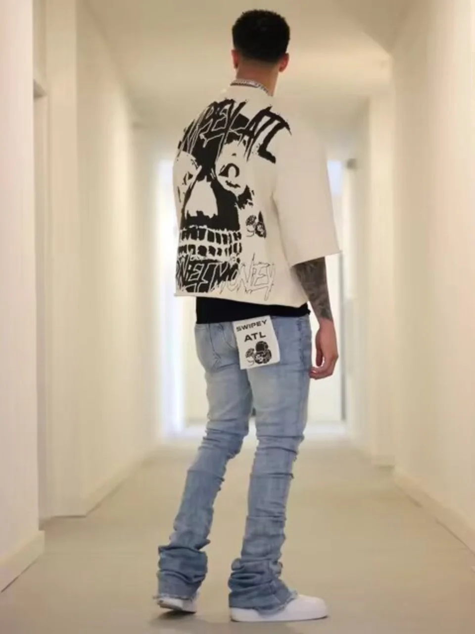 

Хлопковая футболка свободного кроя с синим принтом Dync Ne, дышащая круглая футболка ort Sve Ne для молодежной повседневной одежды, всесезонная одежда