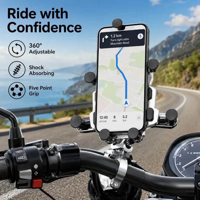 Aluminum Alloy Motorcycle Phone Holder 10mm Screw Mount 540 Degree Anti‑Shake GPS Navigation Bracket Moto Handlebar Parts