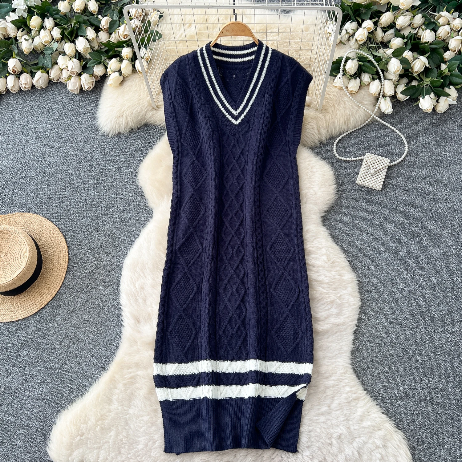 Chic vintage lavorato a maglia sciolto scollo a V senza maniche Elegante fata moda coreana Boho abbigliamento donna Abito lungo