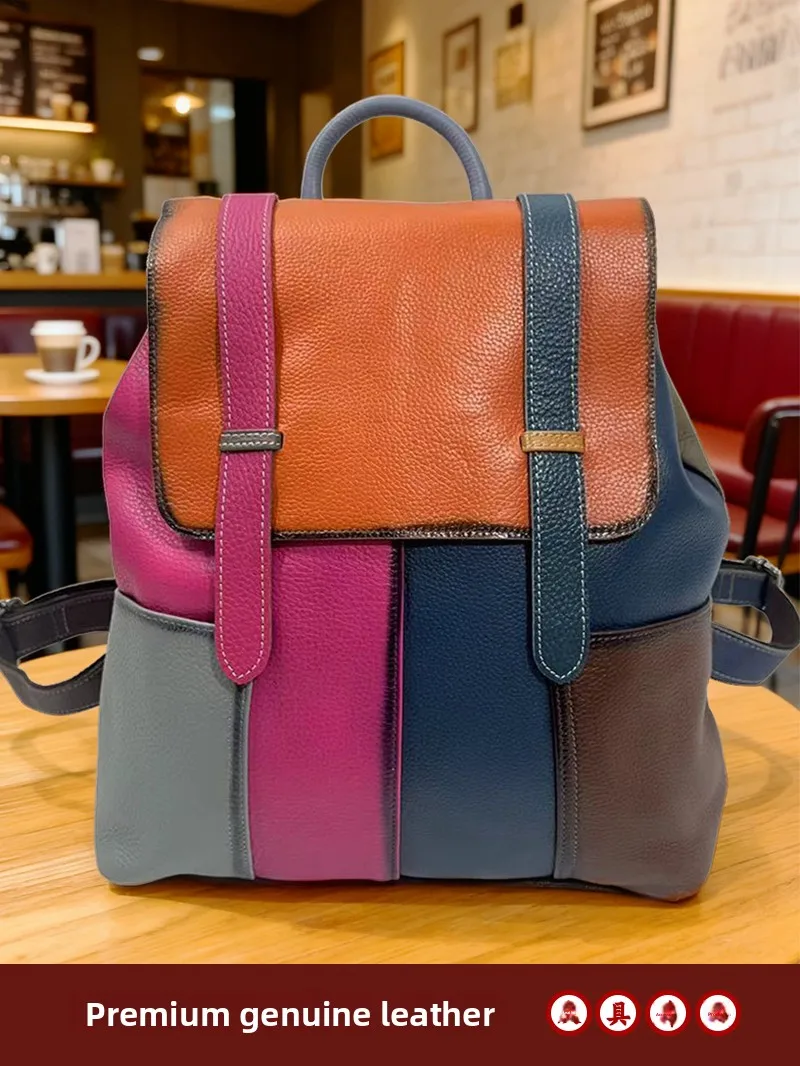 Casual Handmade Leather Backpack Vintage Coloring Women's Bag Top Layer Cowhide Soft Shoulder Bag for Daily Use Square Shape