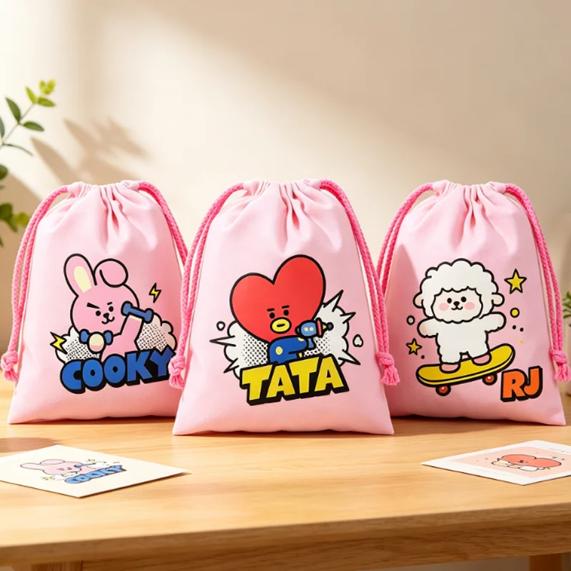 BT21 Drawstring Bags Cartoon Anime COOKY TATA RJ Anime Figure Handbags Storage Birthday Party Candy Loot Decoration Pouches Gift