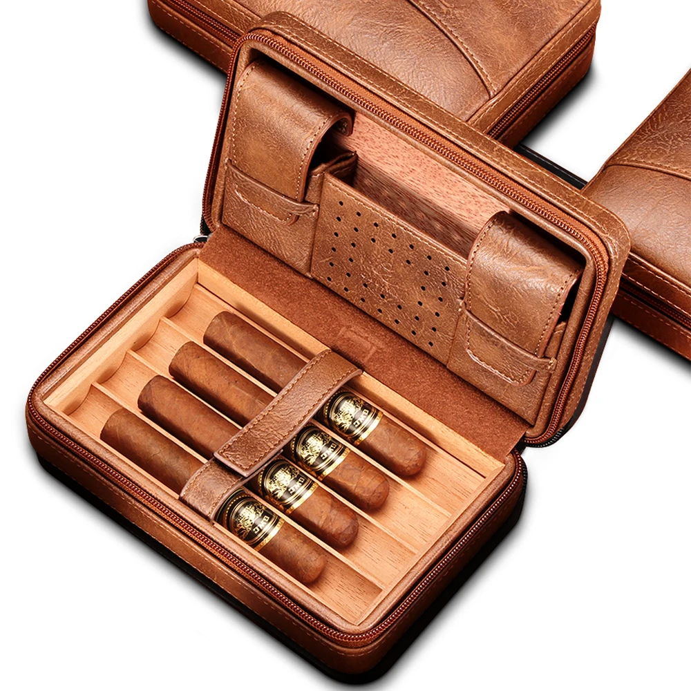 

GALINER Portable Humidor Cigar Travel Case Leather Cedar Wood 4 Tube Holder Cigar Humidor Box W/ Cigar Accessories