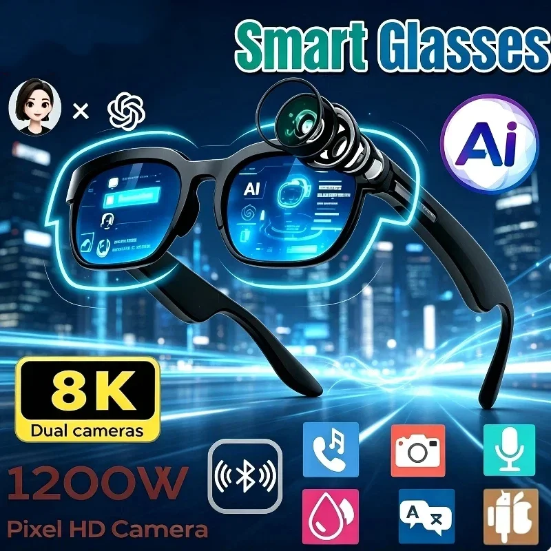 AI Smart Glasses 8MP HD Camera 8K Shooting AI Real-time Translation with Bluetooth 6.0 Earphones Call Recording Music NEW
