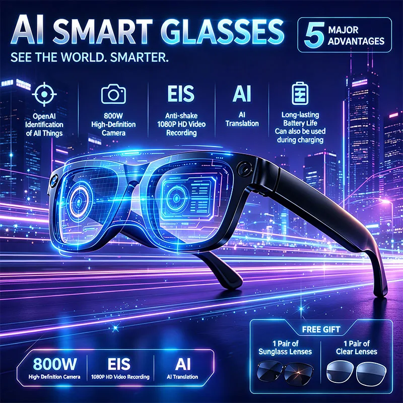 

2026 New EIS Anti-shake Smart Glasses 8MP Camera AI Image Recognition 1080P Video Recording BT Call Smart Glasses Men Women