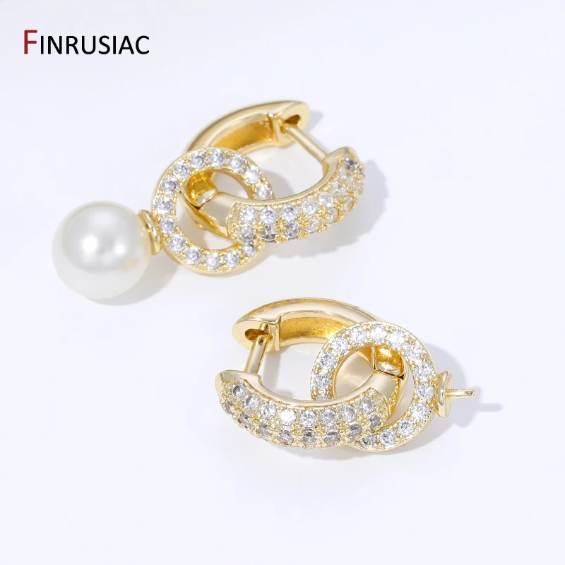18K Gold Plated Brass Inlaid Zircon Hoop Earring With Pearl Mounting,Earrings Fixtures for DIY Pearl Earring Making Accessories