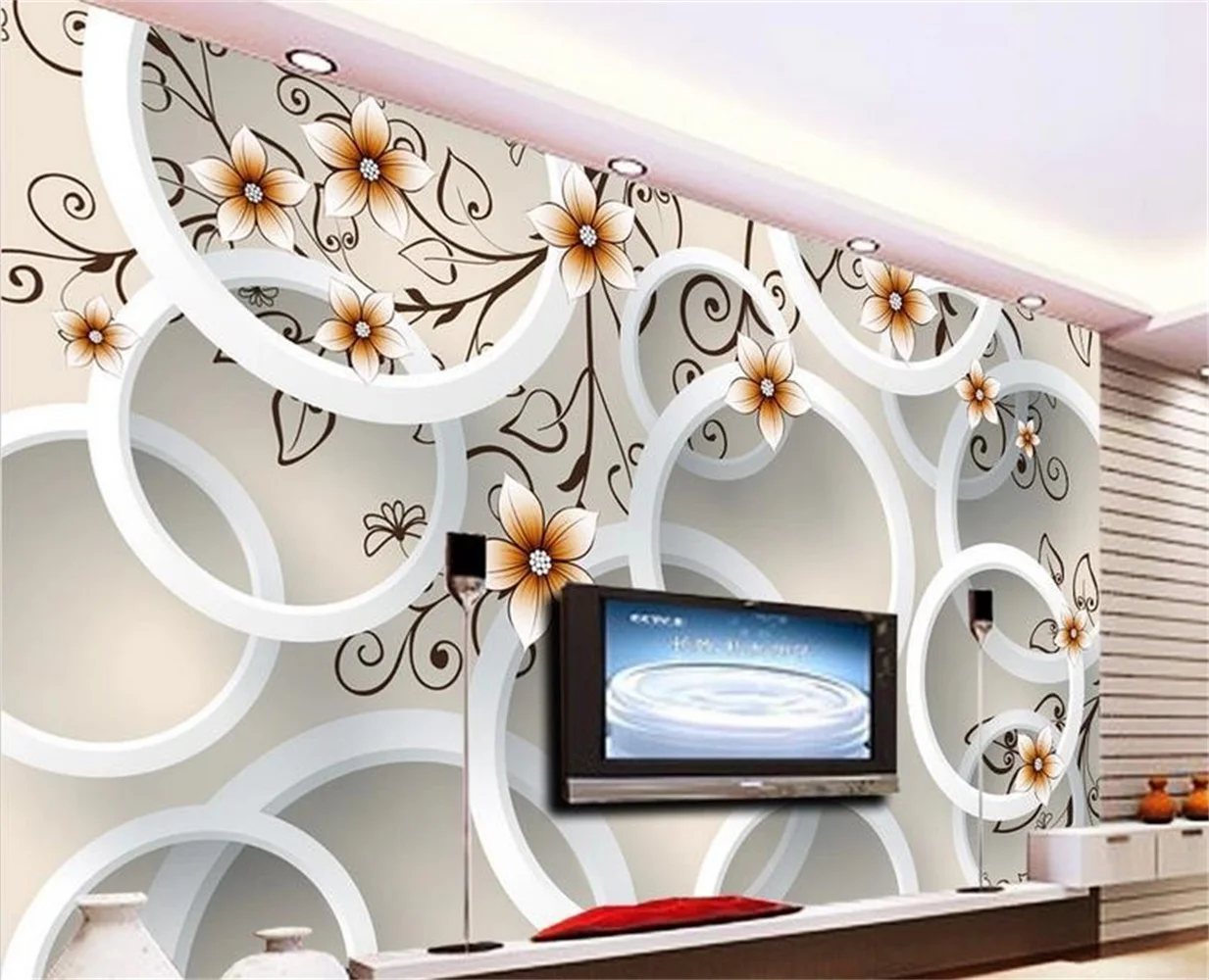 3D TV backdrop circle wallpaper flowers decorated luxury villas seamless mural wallpaper brick wall paper