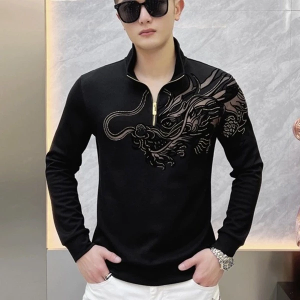 Stand Collar Half Zipper Sweatshirt Men's 2024 Spring New Fashion Dragon Pattern Printed Shawl Dragon Long Sleeve Sweatshirts
