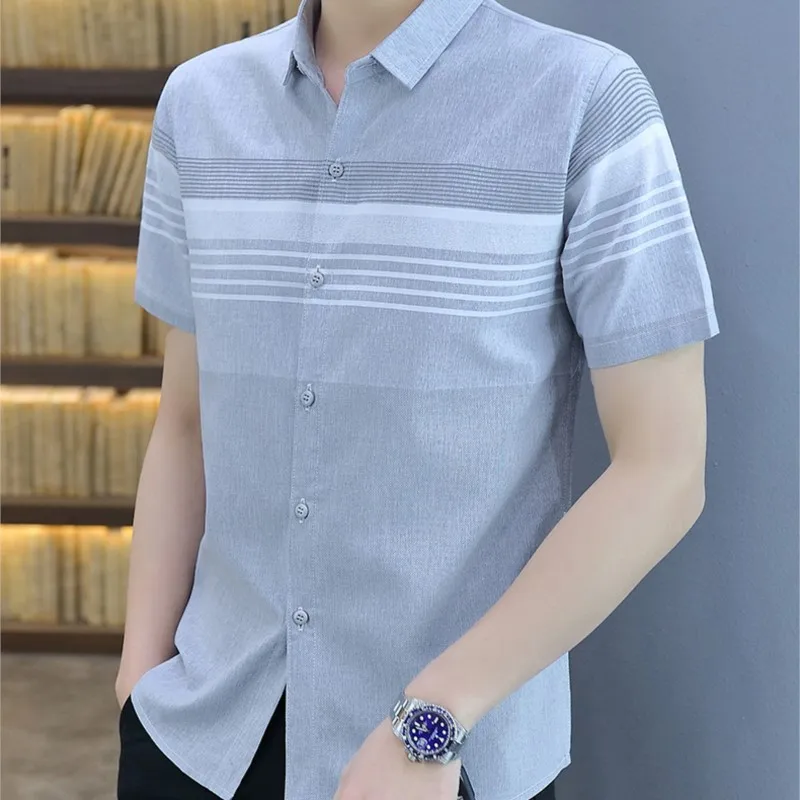 High Quality Men T Shirt Grey Light Green Short Sleeve For Male Summer Cotton Lapel Buttoned Tops Cotton Shirt Dropship Top