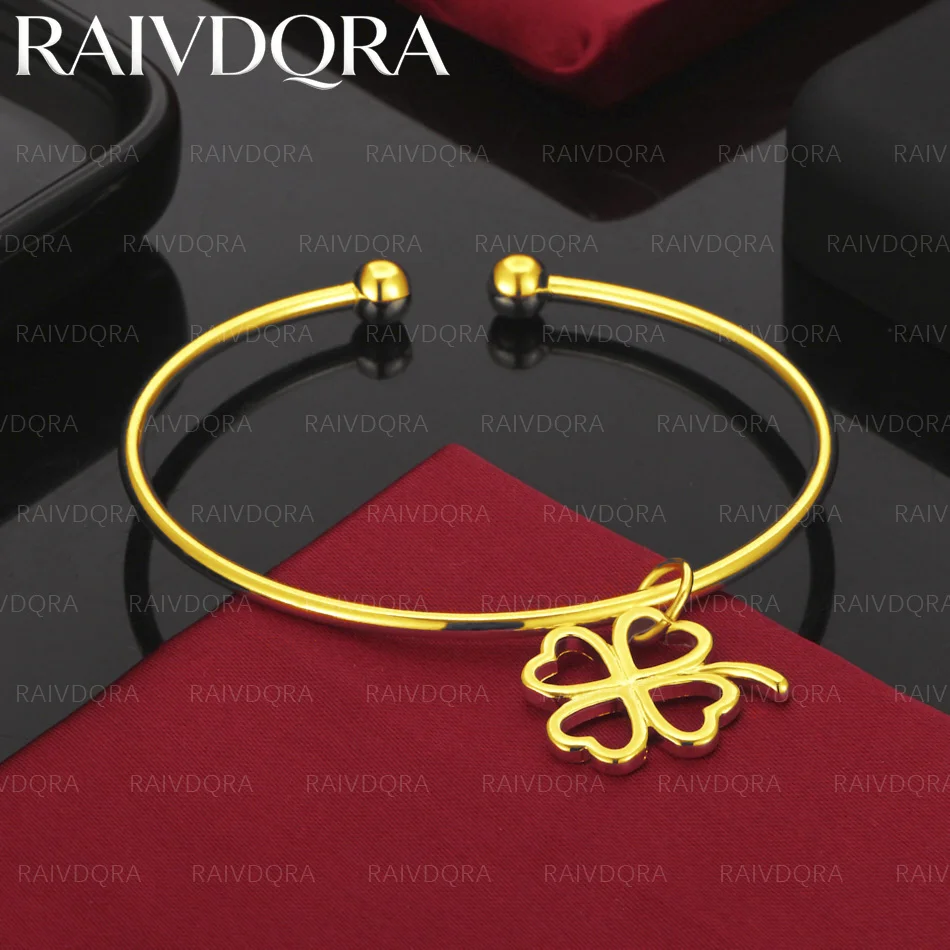 18K Gold Plated Bangle Brushed Four Leaf Clover Pendant Bracelet For Women Jewelry Fashion Party And Daily Wear