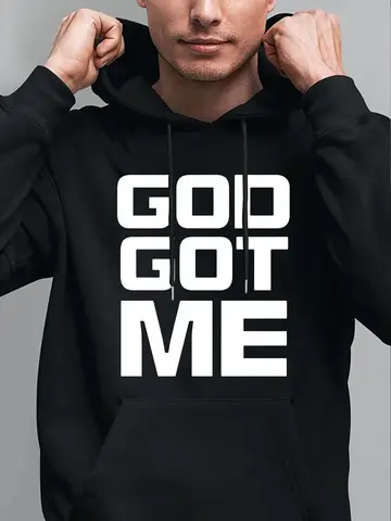 Polyester Hooded Sweatshirt with Front Pocket and Geometric God Got Me Print - Casual Hoodie with Slight Stretch for Hiking & Ou