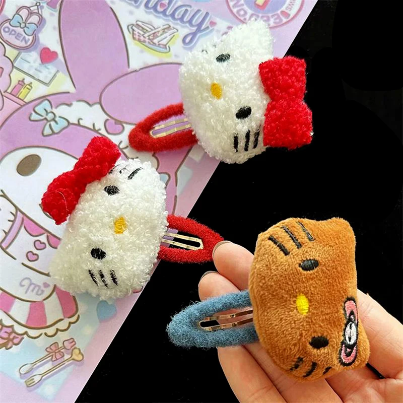 Cartoon Sanrio Plush Headdress Cute Hello Kitty Hair Clip Sweet Girl Heart Hair Accessories Retro KT Cat BB Clip Exquisite Gifts