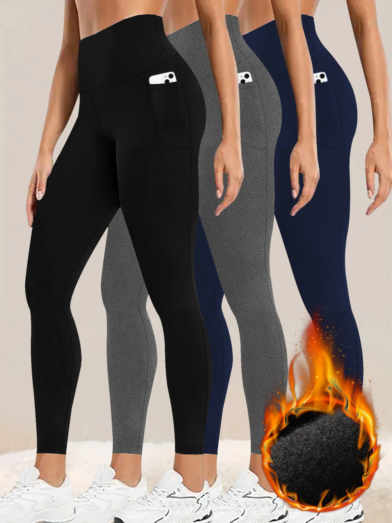 

3 Pack Womens Thermal Fleece Lined High Waisted with pockets Leggings, Workout Winter Warm Thick Tights Soft Yoga Running Pants