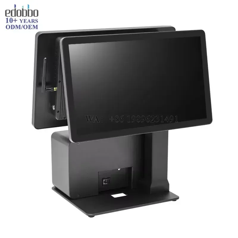 15.6-inch Dual Screen POS System Terminal Adjustable Screen Angle Fanless Design 80mm Thermal Printer Textured Black Design