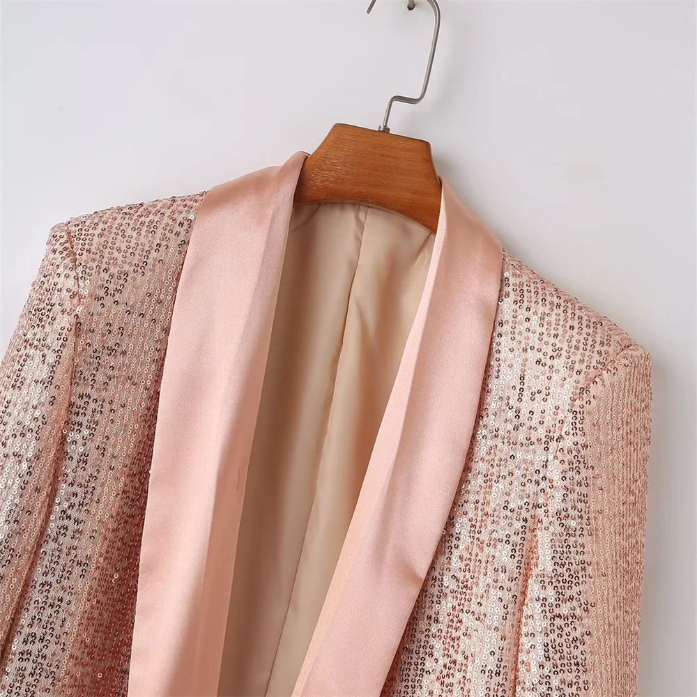 Spring Product Women's Sequin Fashionable Style Polo Collar Long sleeved Solid Color Suit Coat Z Celebrity style blazer de mujer