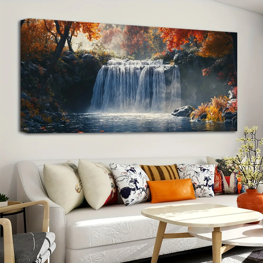 1.5 inch thick pine solid wood frame, mural oil painting, Red Forest waterfall, modern painting poster, interior decoration