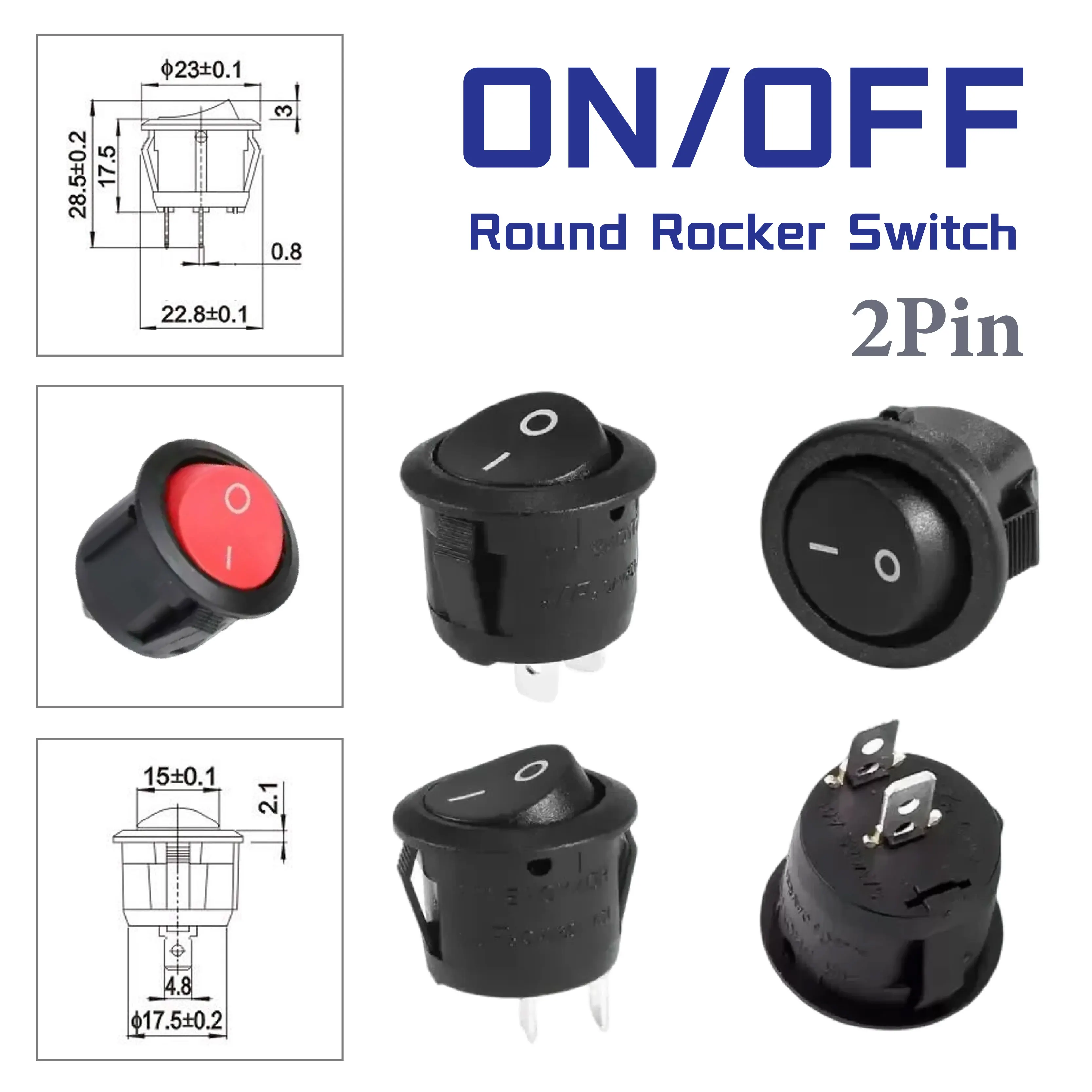 5pcs Circular Ship Type Toggle Switch Black/Red 2Pin KCD1-105 3A 250V/6A 125V Boat Power Switch